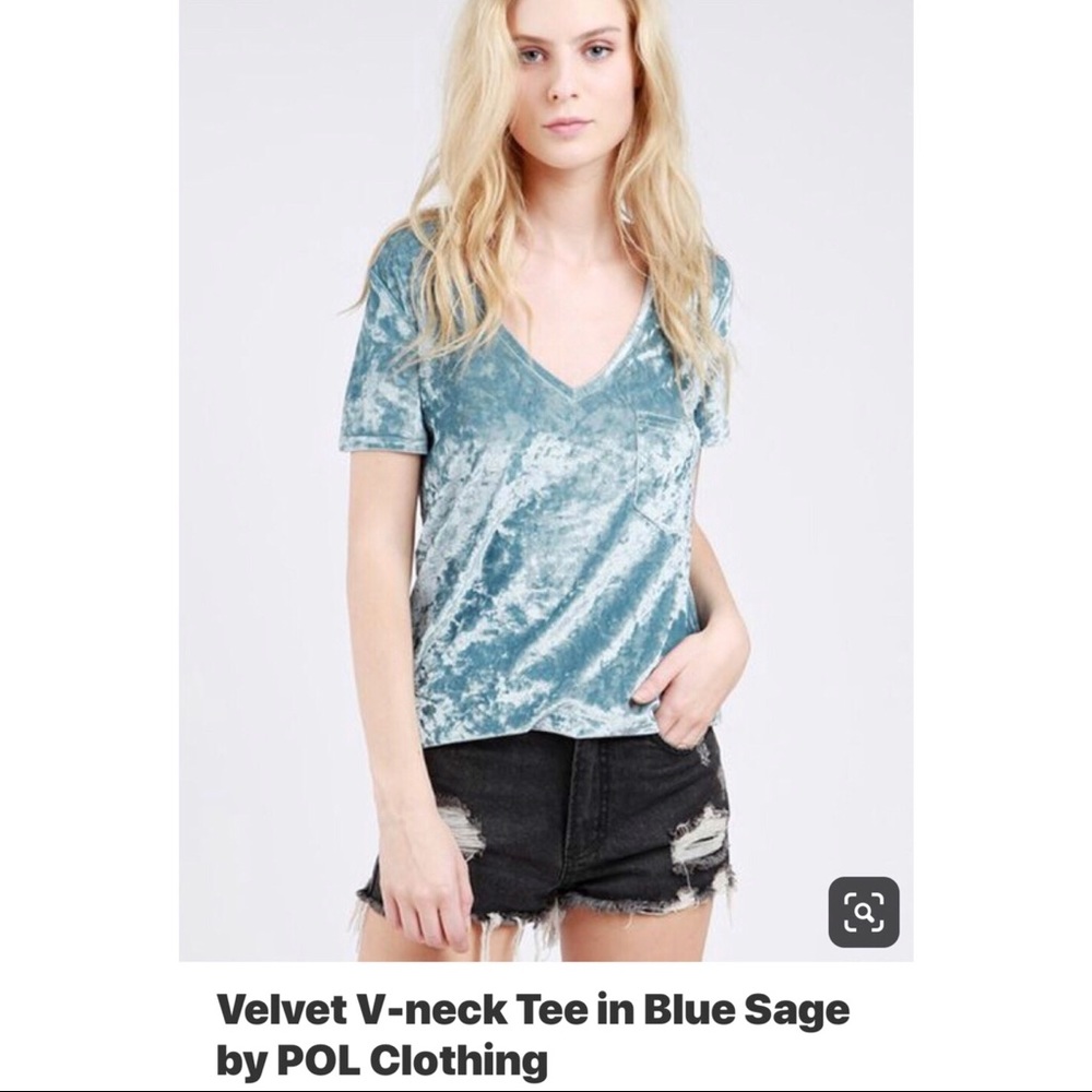 SENDING A FRIEND Blue Sage Velvet V-Neck Tee - Picture 1 of 8